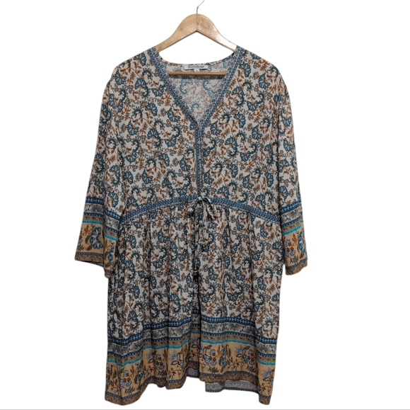 NorthStyle Floral Bohemian Tunic Dress Size 1X Blue And Gold - Picture 1 of 10